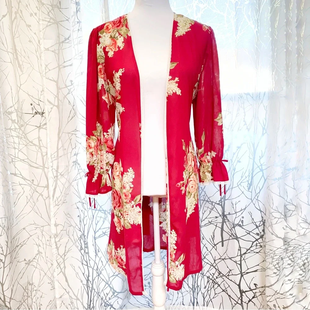 OSCAR DE LA RENTA PINK LABEL cream red green floral print sheer long sleeve robe - Picture 1 of 10